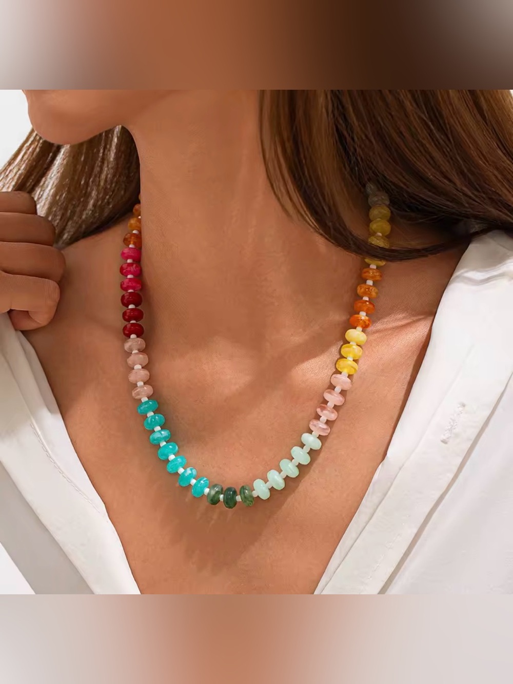 Multicolor Beaded Women’s Necklace - Rainbow Gemstone Chips